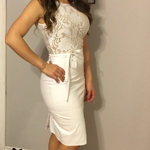 Bebe midi dress white faux leather & lace